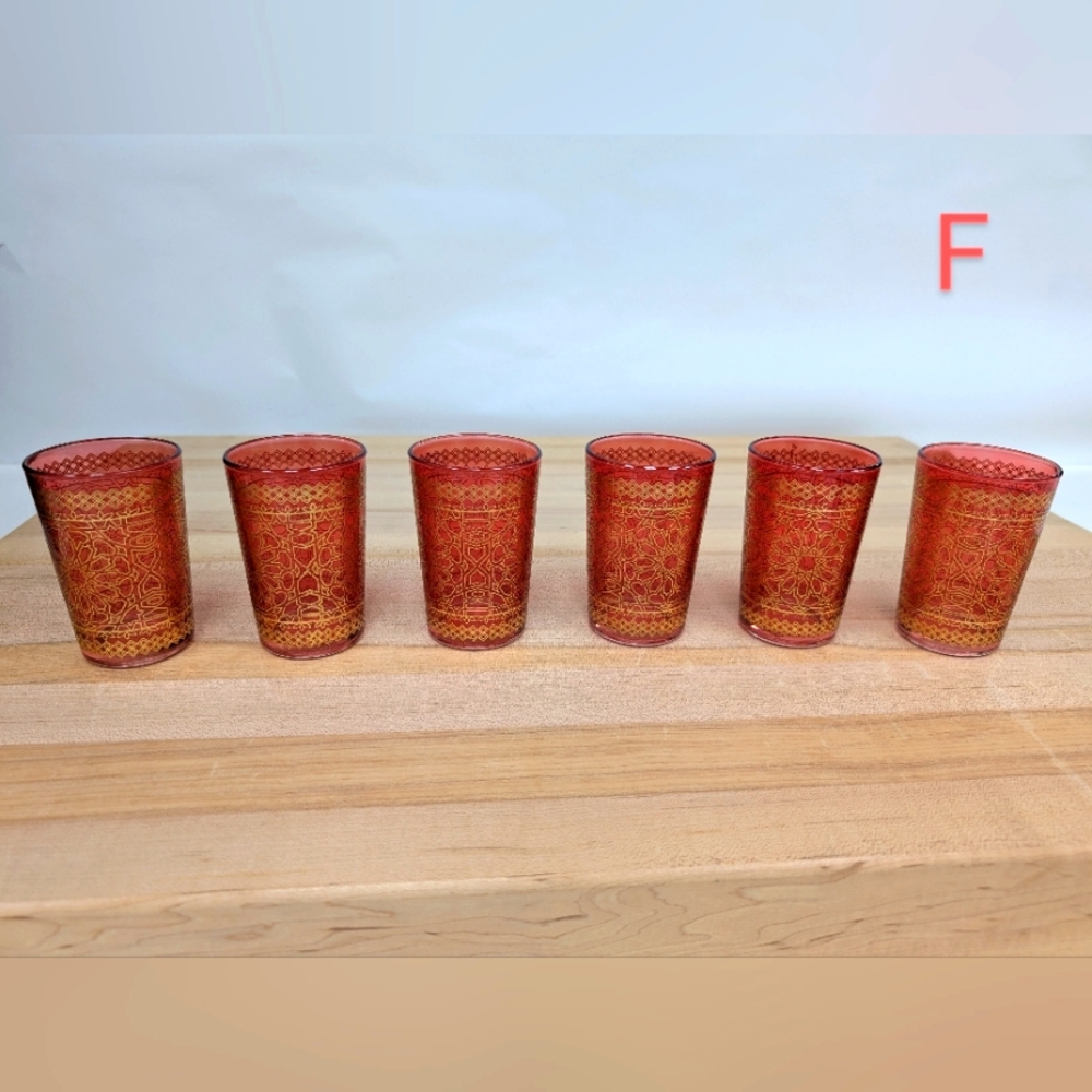 Set Of 6 Red And Gold Bronze Verre Moroccan Tea Glasses Hamsa [Set F]